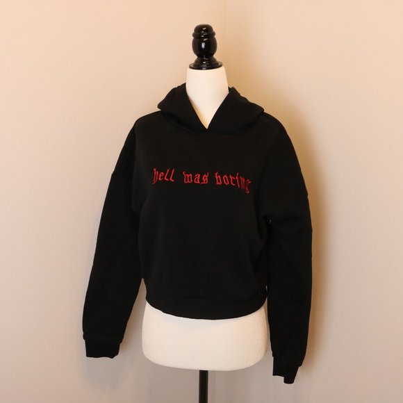 Embroidered "hell was boring" Cropped Hooodie - Picture 6 of 9